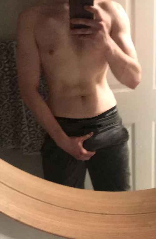 Grey sweatpants won’t hide it