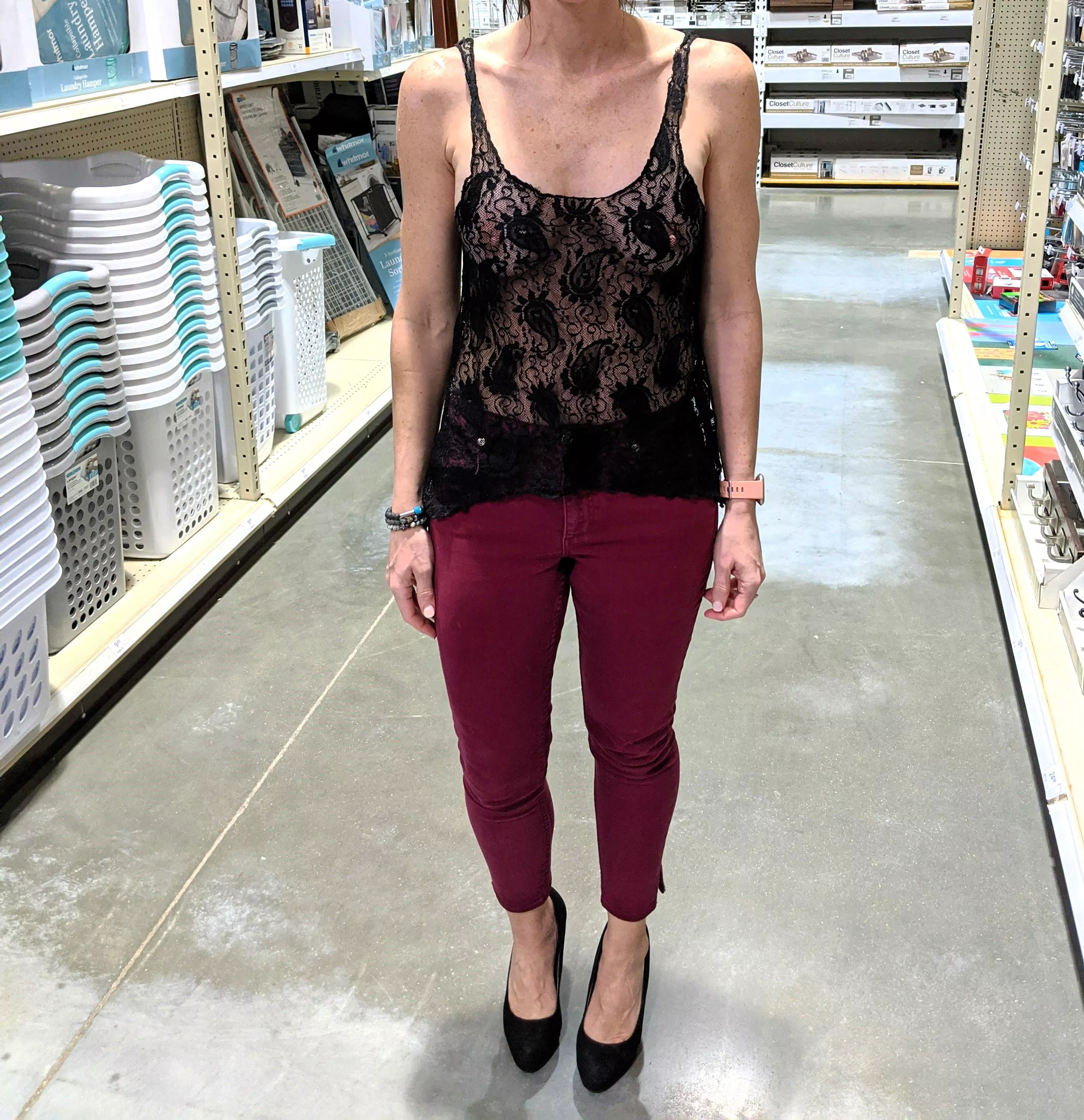 Shopping in a see through tank top