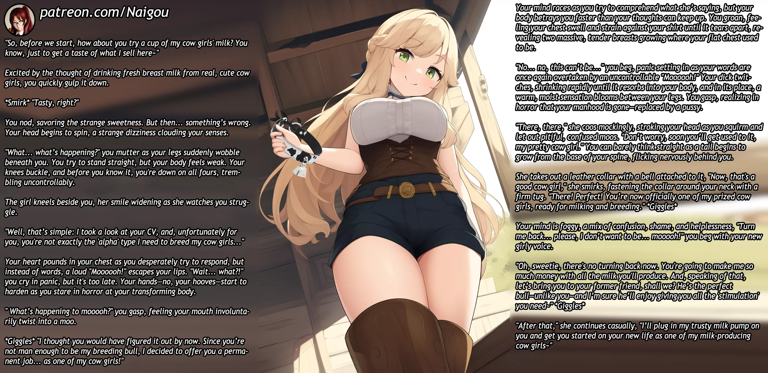 Your new job at the farm Part2 [series][femdom][breast milk][cow girl TF][pet play][cruel][humiliation][slave]