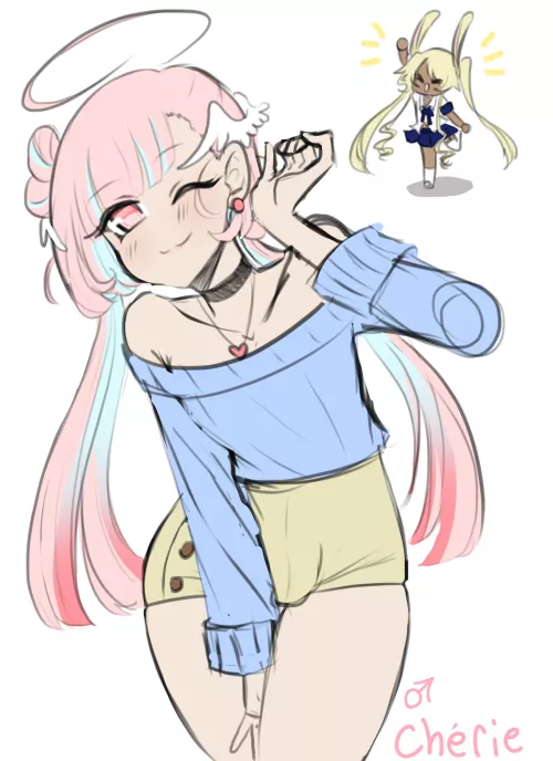 Mentally im in a very questionable place, so i made myself design a boy and actually draw, its... So hard to find the time to actually draw and its making me feel guilty :,) his name Chérie though (bg character is Maple)