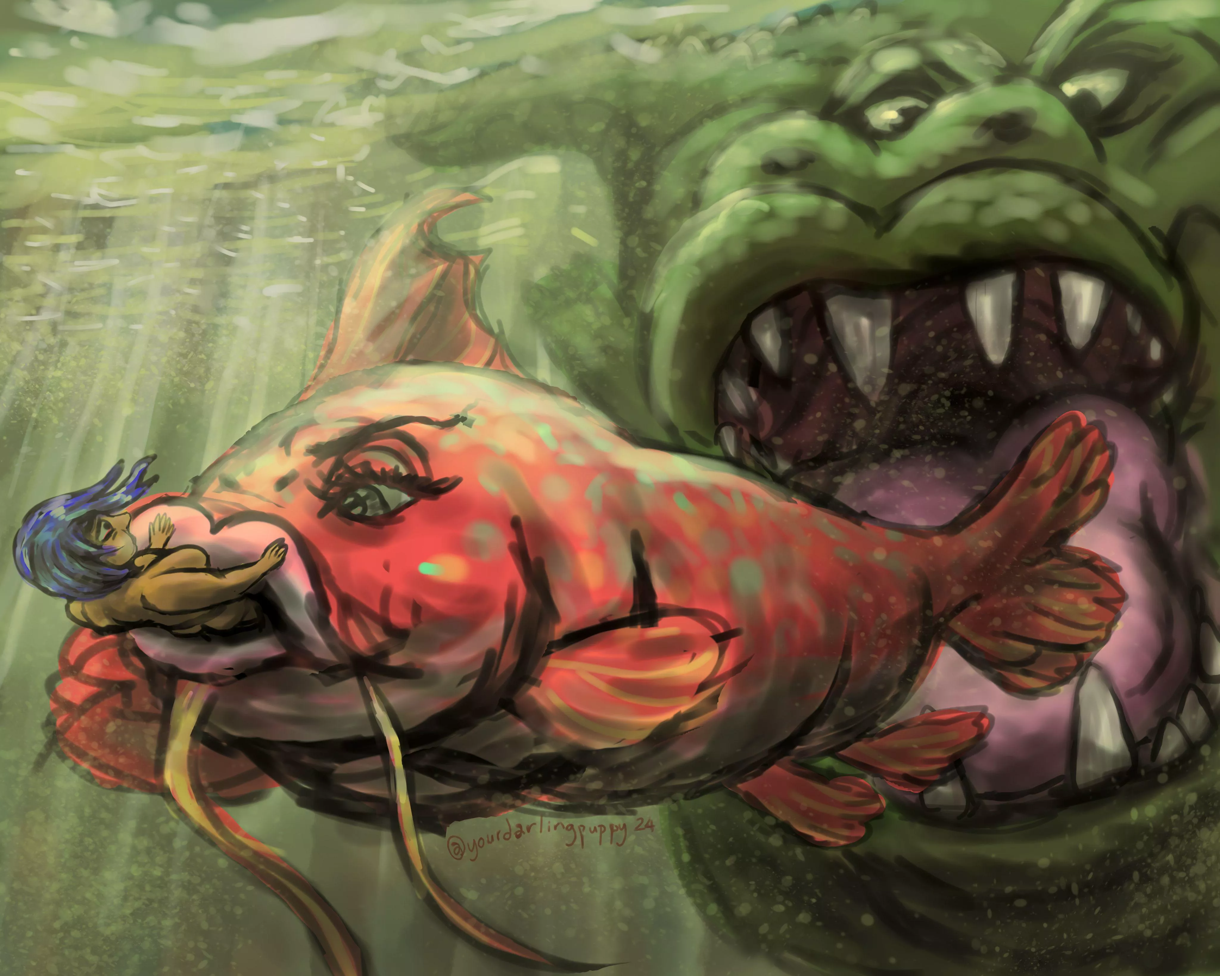 {image} 'The Food Chain' - fish tries to enjoy its human lunch without become one for a gator... (art by yourdarlingpuppy) (oral vore) multi-vore) (gator) (fish) (human)