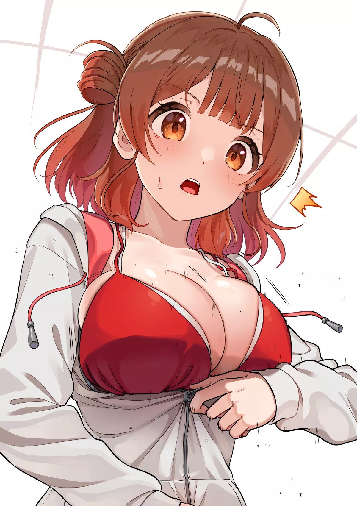 Struggling to zip up her shirt