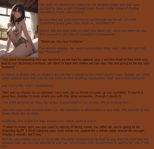 The Amazon chief's new mate [Male POV] [Hetero] [Forced Marriage] [Breeding] [Tribeswoman]