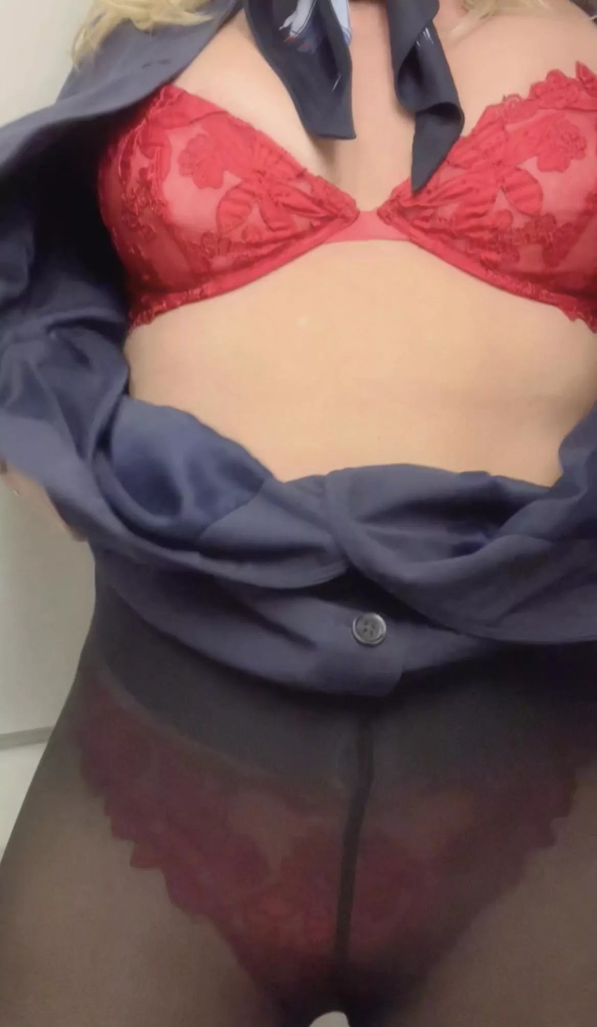 I love to wear red lingerie under my uniform