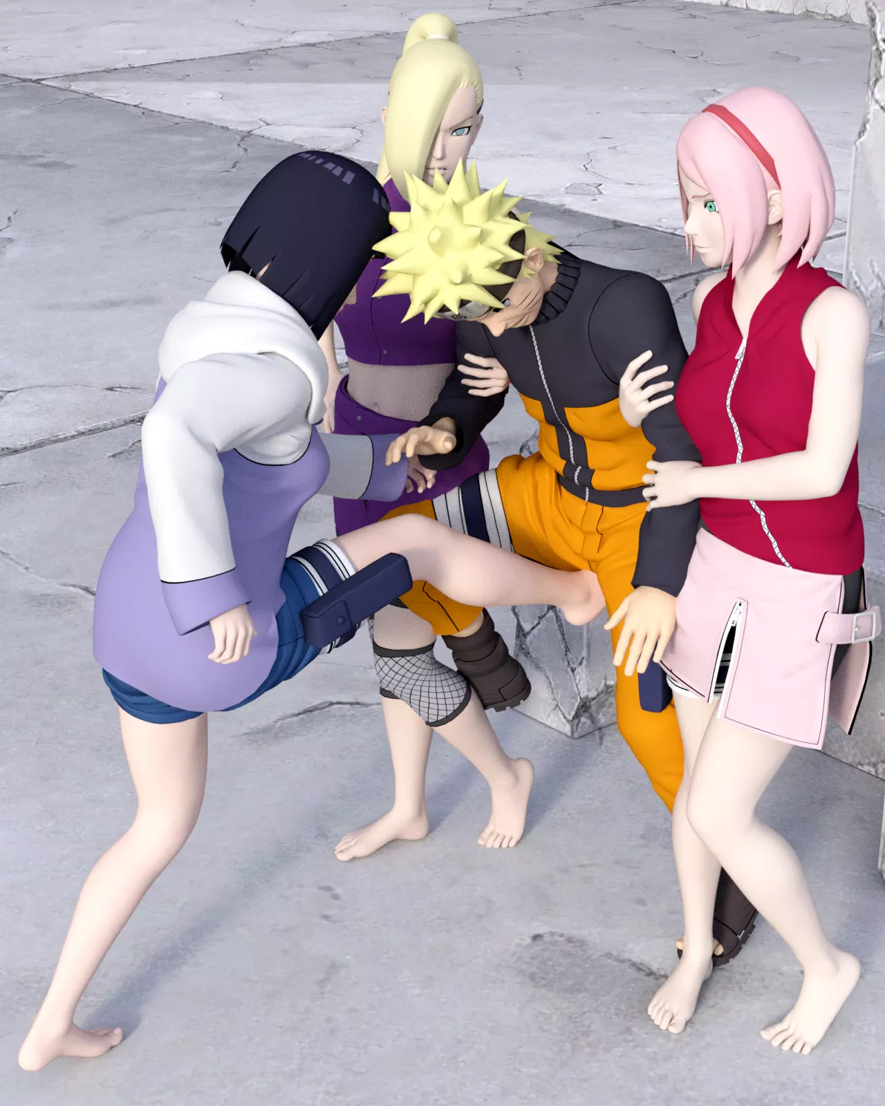 Sakura, Hinata and Ino agree to help Naruto with his training to become Hokage, but it’s not quite what he had in mind. Sakura and Ino grab his arms, while Hinata starts kicking his balls [Naruto] (SoleMann)