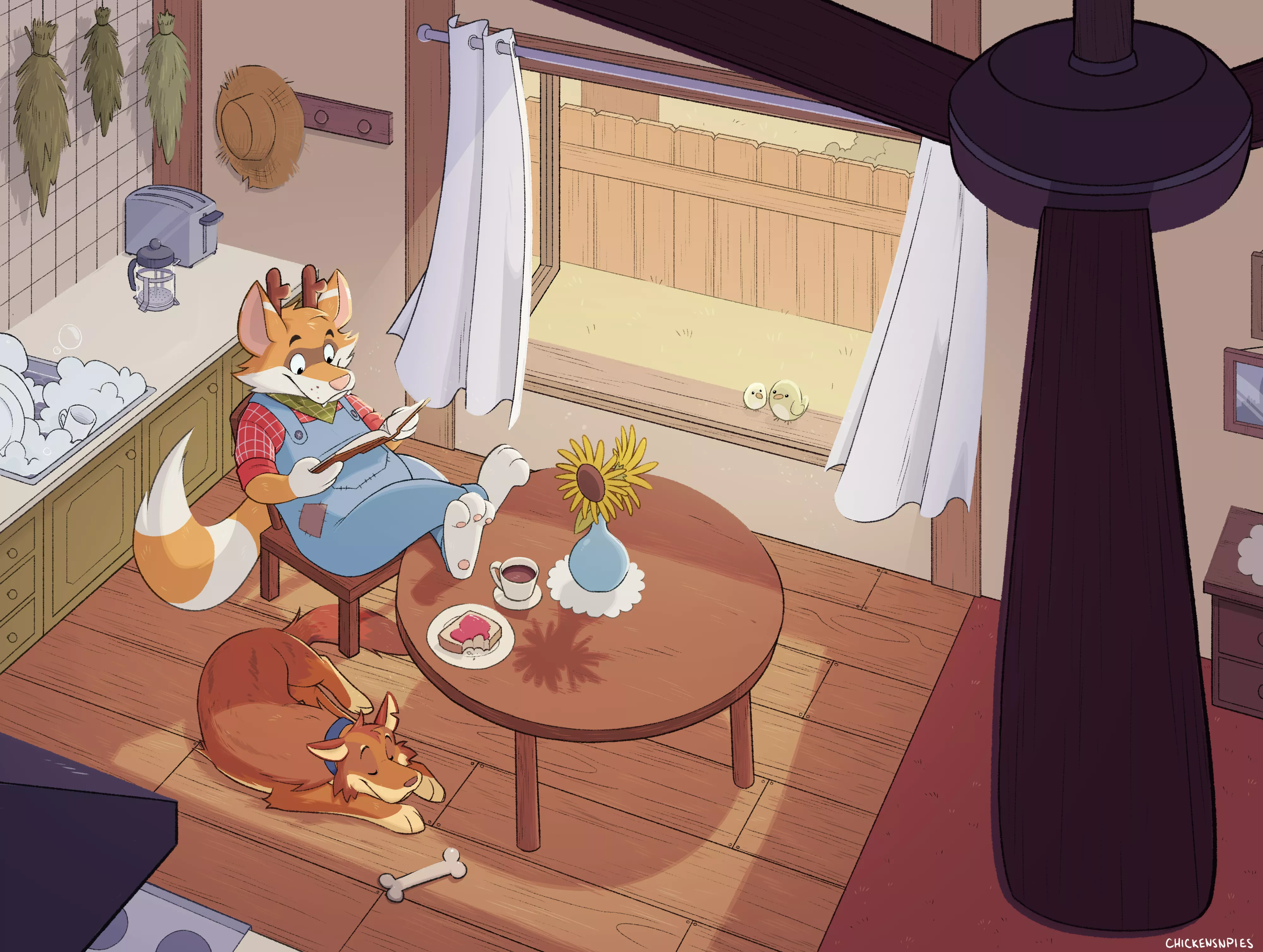 Cozy morning (art by me, @chickensnpies1 on twitter)