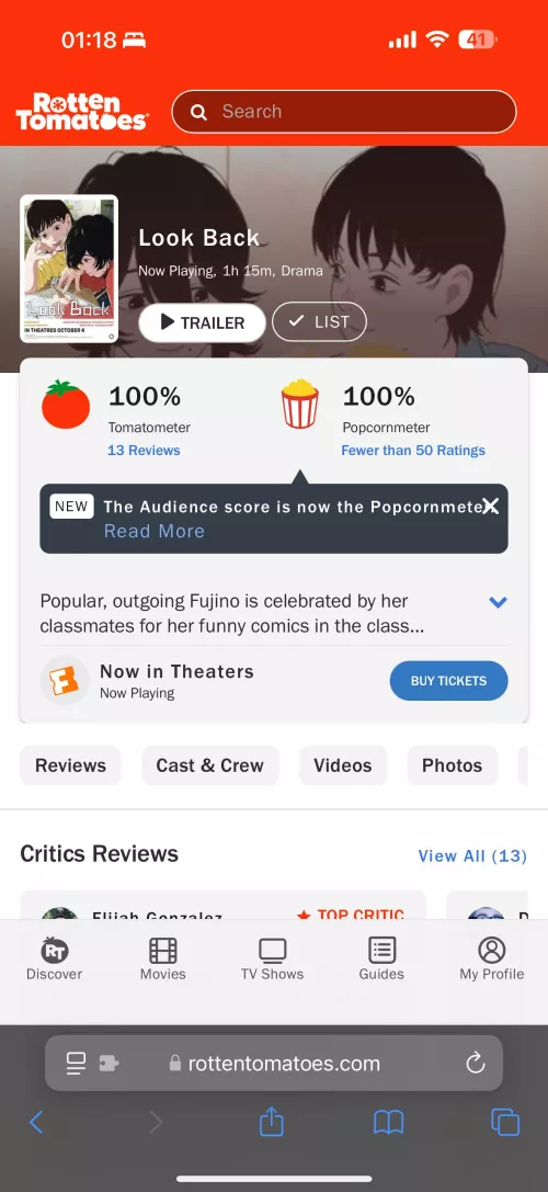 “Look Back” holds a 100% reviewer/audience score on Rotten Tomatoes!