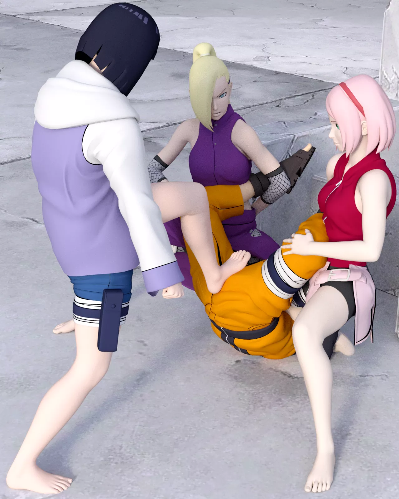 After countless attacks to his balls, Naruto is no longer able to get back on his feet. Sakura and Ino waste no time and flip him over face down, so Hinata can continue her assault with brutal stomps to his defenseless balls [Naruto] (SoleMann)