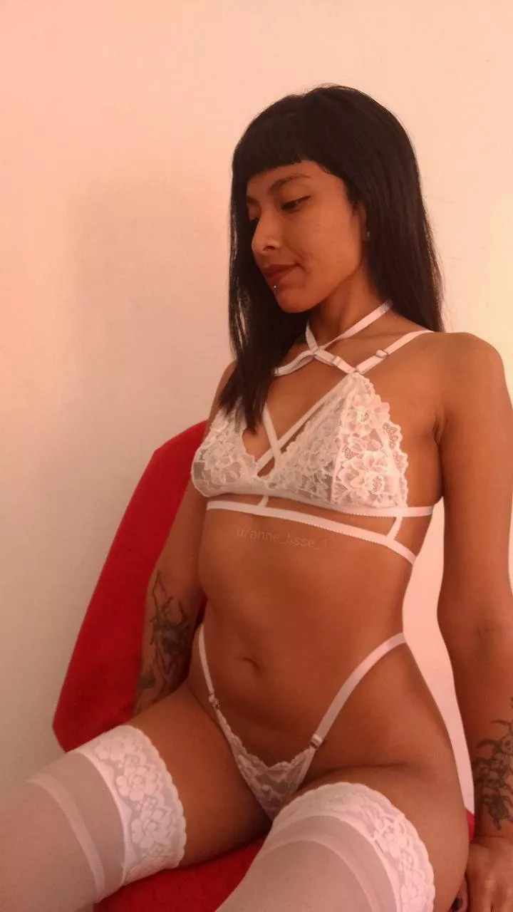 The white bows highlight my dark skin that will be waiting for your tender kisses