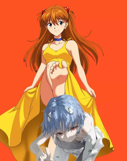 Asuka steps on the obedient loser Ayanami [Evangelion]