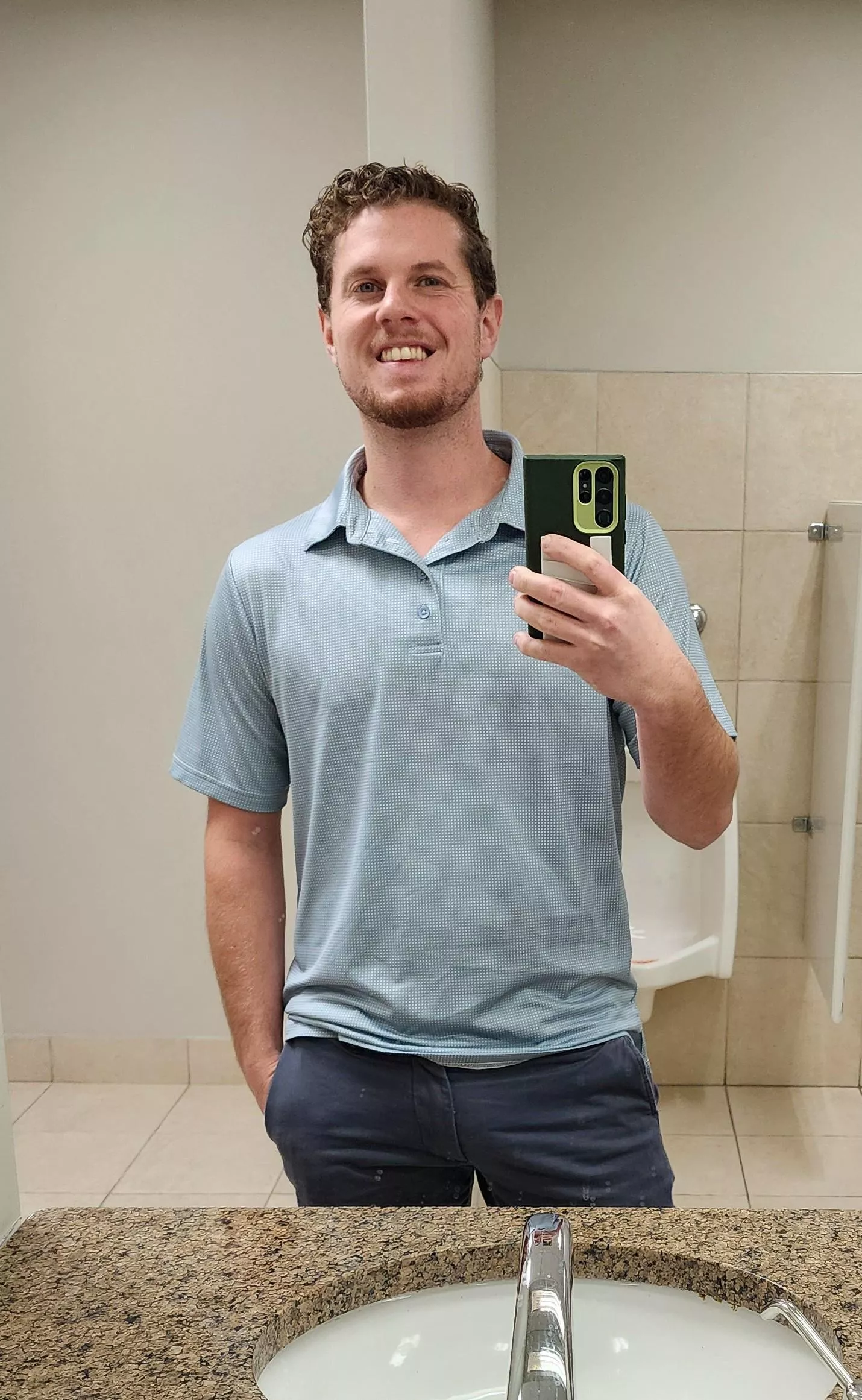 Bathroom lighting always on point at the office lol