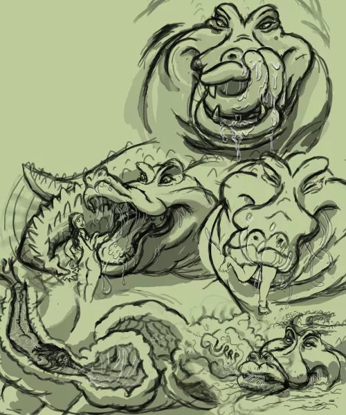 {image} 'skinny dippin' (WIP) (comic) (art by yourdarlingpuppy) (Crocodile x F) (human prey) (oral vore) (x-ray) (burp) (drool)