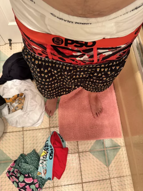 Shower time after pissing in my white CKs, red PSD and black boxers