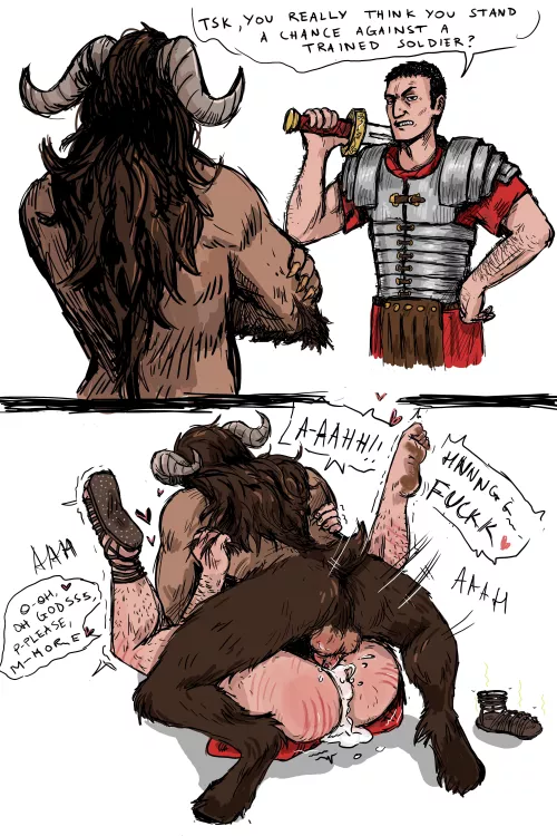 That Roman Legionary is probably wishing he didn't wear a tunic with such easy access while fighting the Minotaur 