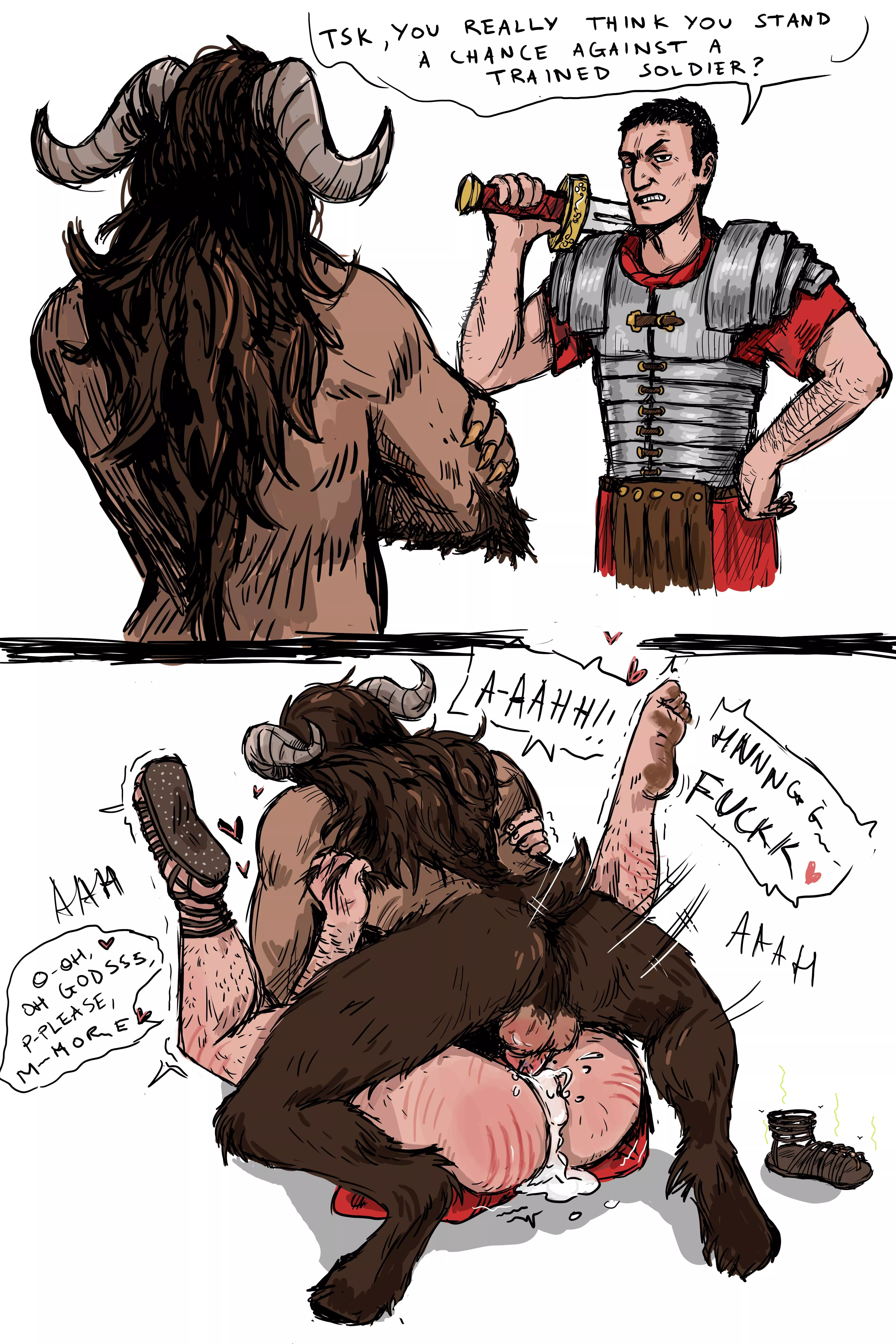 That Roman Legionary is probably wishing he didn't wear a tunic with such easy access while fighting the Minotaur 