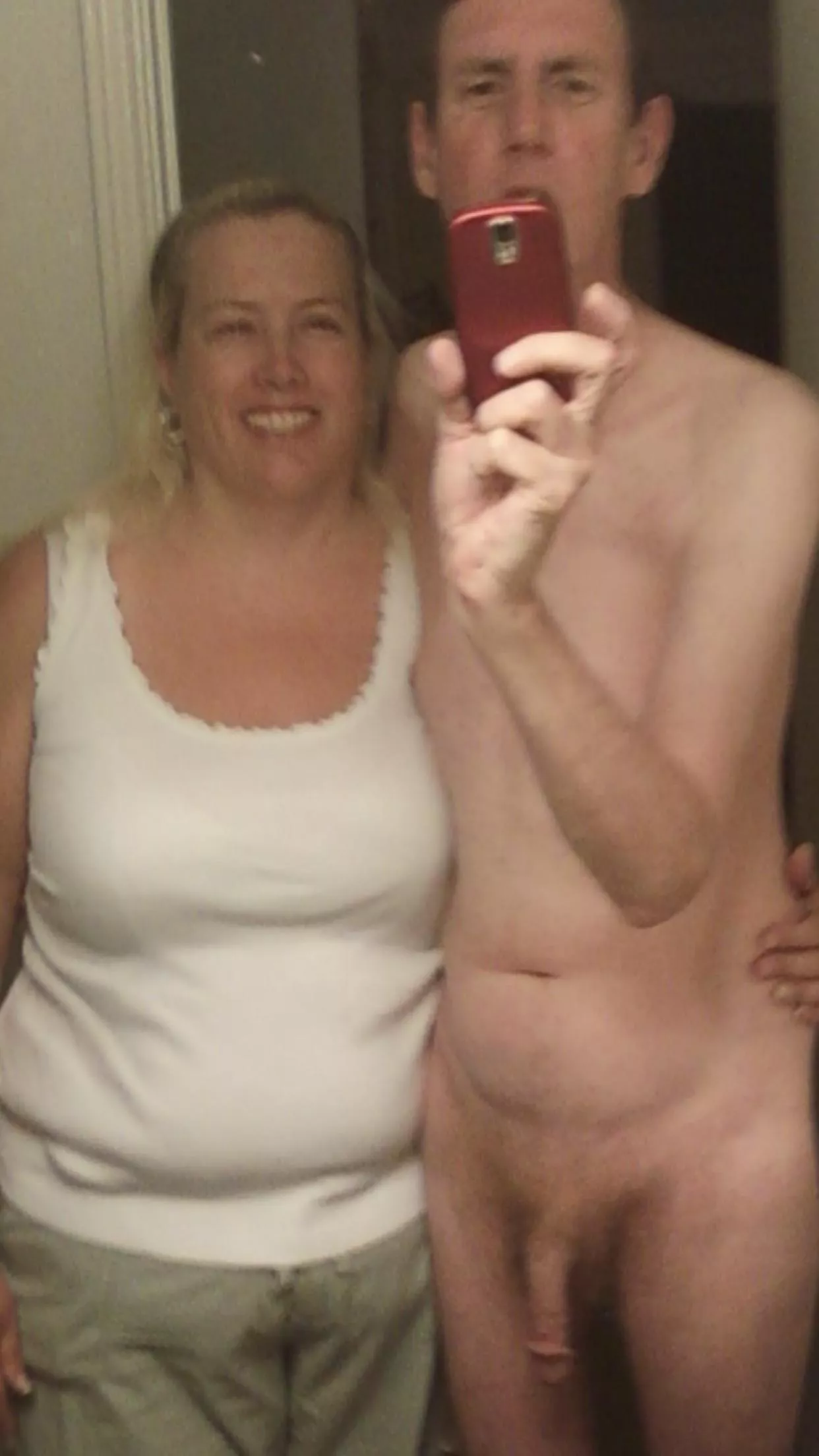 When my wife and I were just friends I needed a ride to the airport. She said I’ll be there at noon but showed up at 11:30 I was still naked so that’s how I answered the door! I asked her what she thought later and she said I thought your penis would
