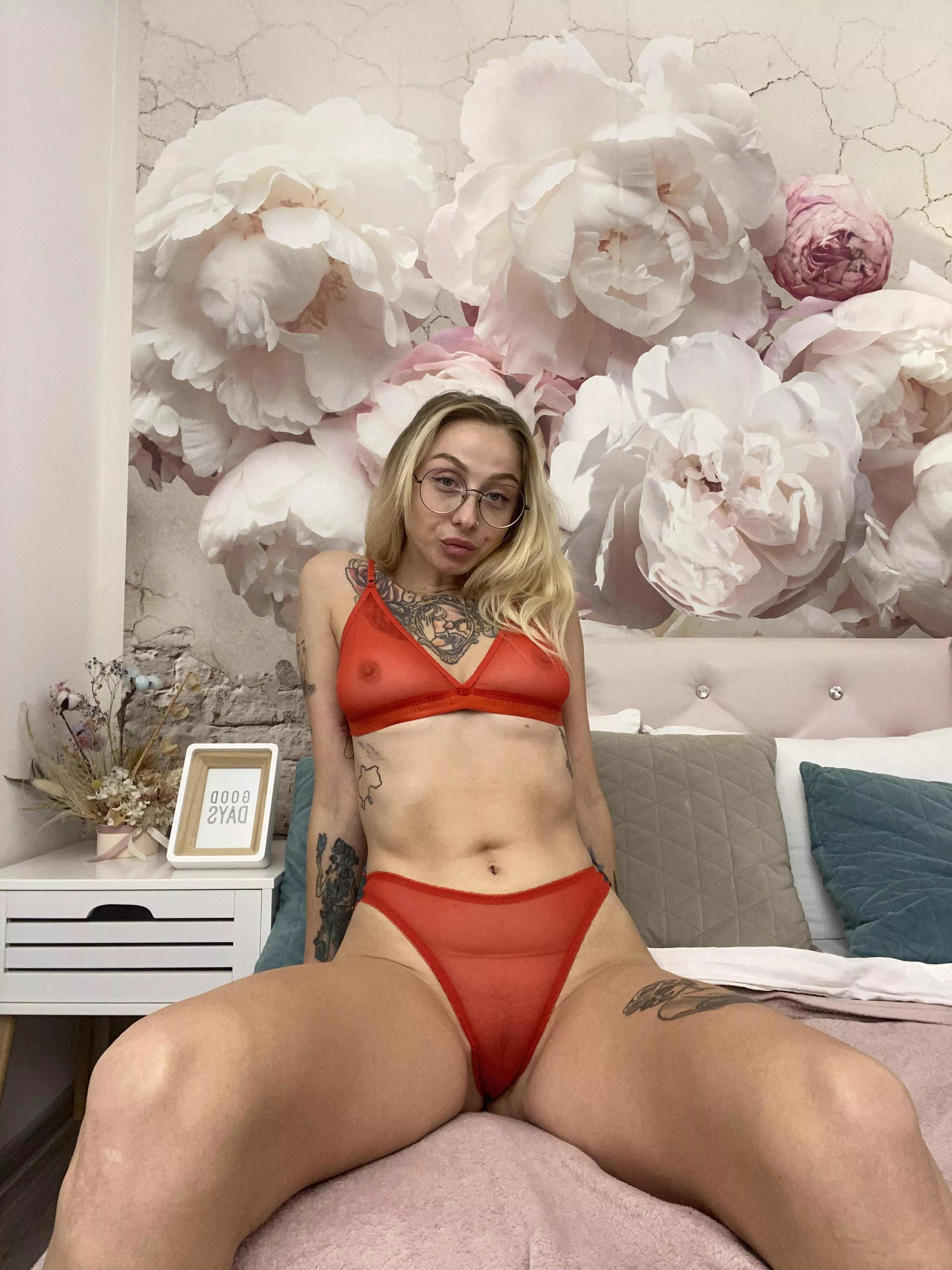 A naughty blonde in red