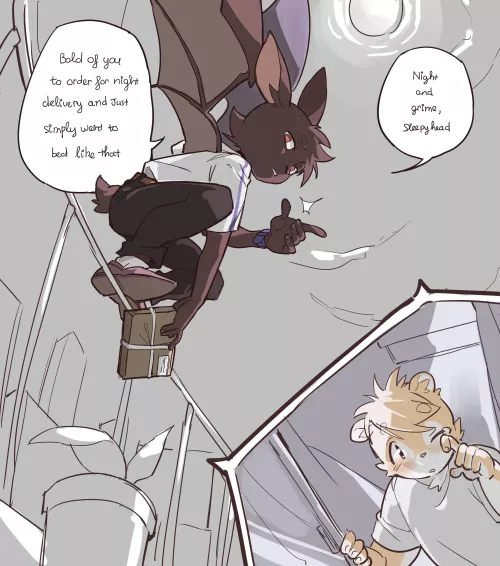 Imagine scheduling a delivery at 2 in the morning thinking it was just a joke from the website, but then they actually send a nocturnal shipper. (art by me)