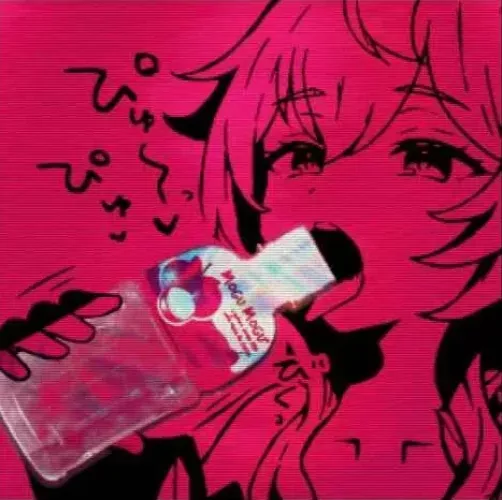 Color: 1girl, red filter, bottle, long hair, close-up, face focused, tongue out, foreign text,