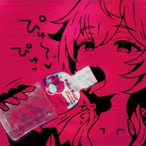 Color: 1girl, red filter, bottle, long hair, close-up, face focused, tongue out, foreign text, 