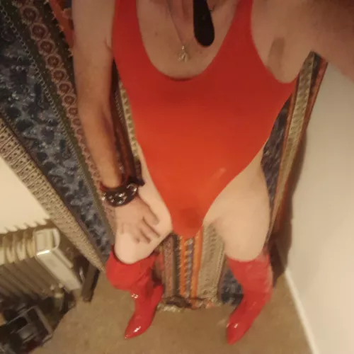 Red bodysuit, boot,s
