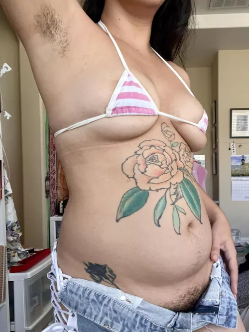 Tiny shorts, tiny bikini, big bush!