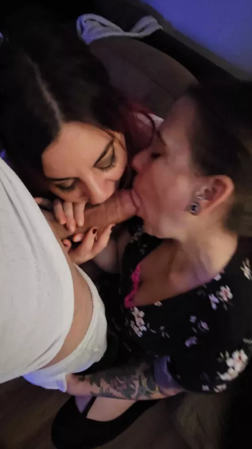 He deserves two mouths on his massive cock so I invited a girlfriend over