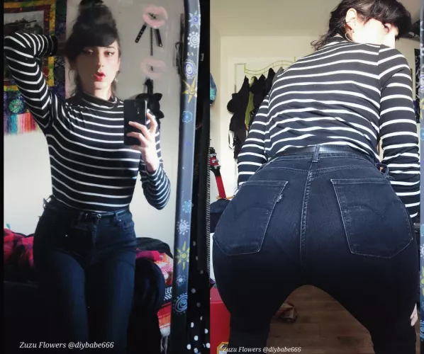 Black levis in my striped top, front and back, vpl 😌🍑🏳️‍⚧️