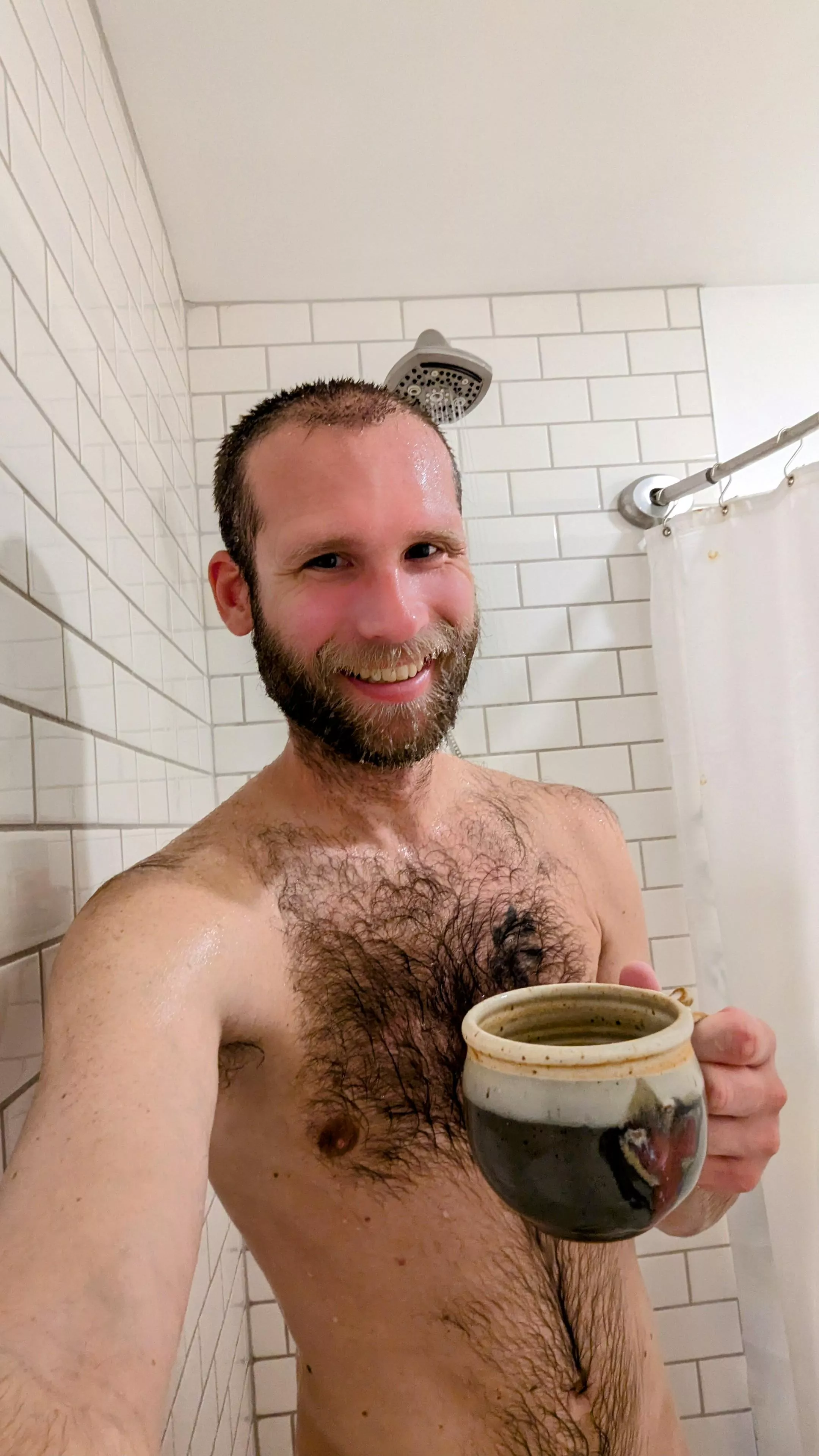 Finishing my coffee in the shower as I rush to get ready for work this afternoon