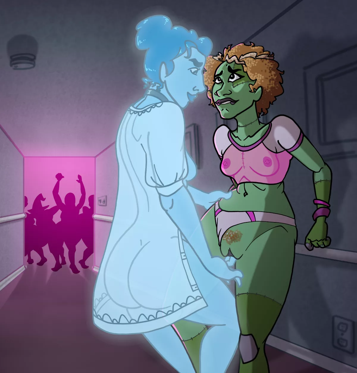 Ghost & Frankenstein gals sneak off during the Monster Mash (DapperZapper)