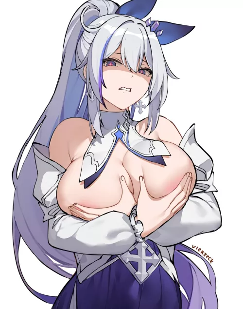 Kiana hiding her boobs