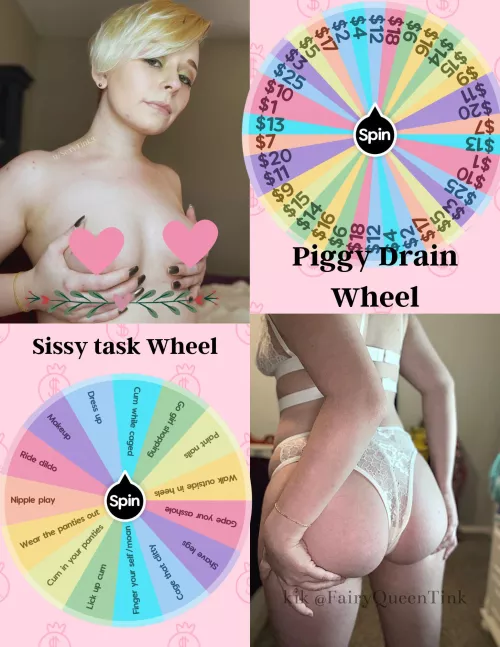 My drain wheel and sissy wheel now available for my sissy boys and piggies. My snap sub is on sale until Valentines Day $10 per month hurry [snap] fairyqueentink [kik] FairyQueenTink