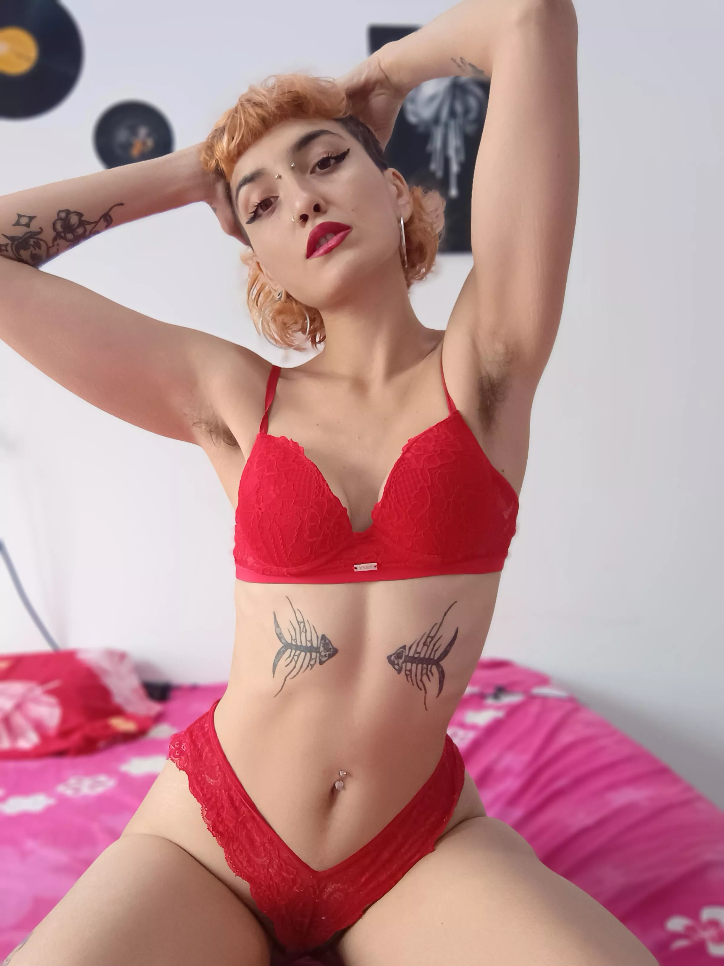 Red lingerie, hairy body 