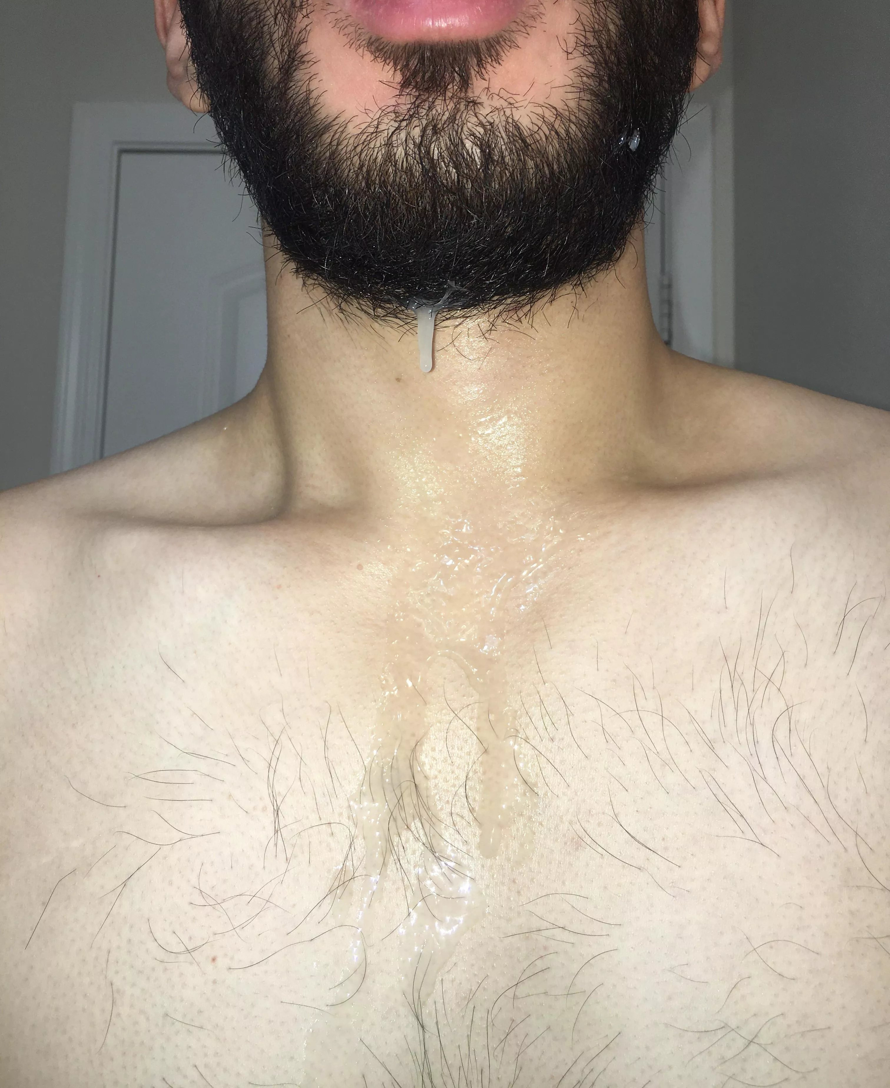 So horny today, cum all over my chest, neck, and beard 💦 Who wants to use it as their lube?