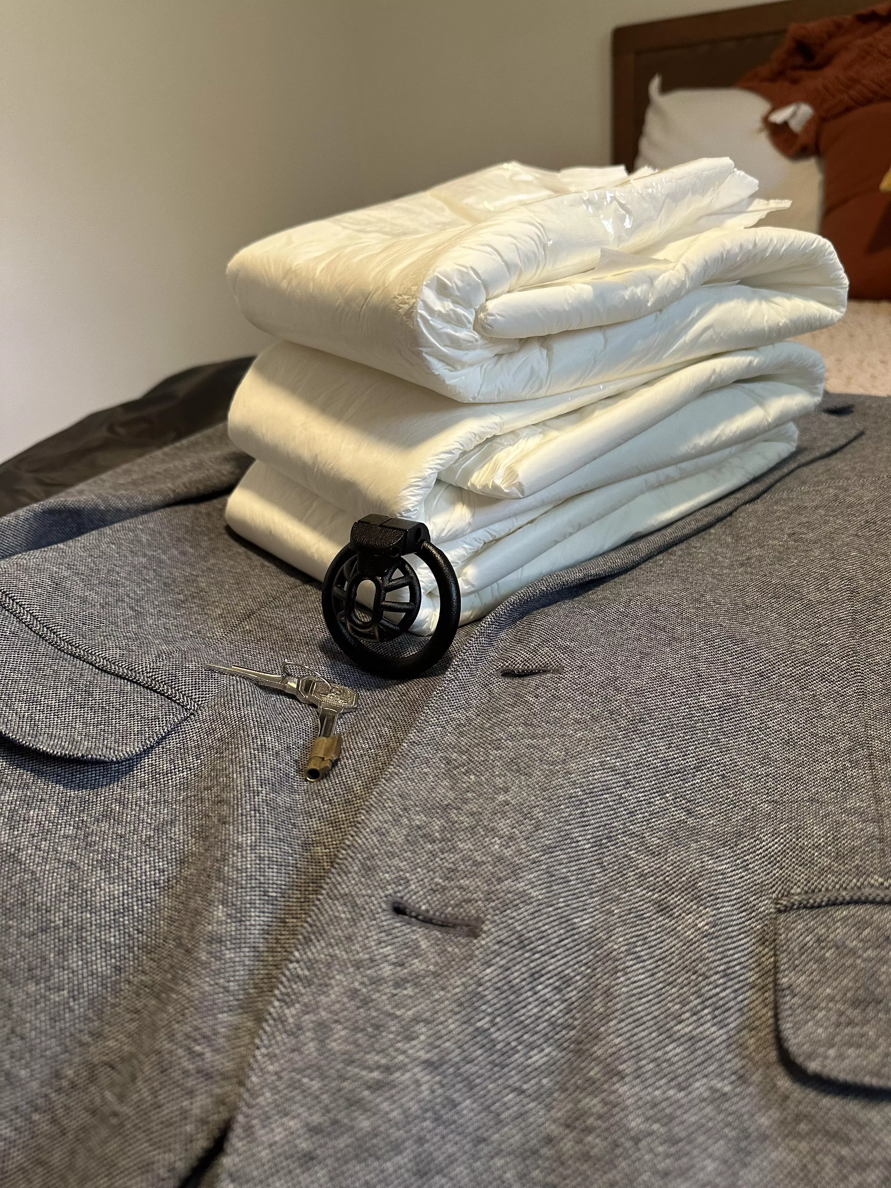 Someone thought traveling for a wedding meant a “break” from diapers and chastity. This same someone will find a stack of diapers replaced their underwear once the suitcase is opened in a new city ☁️🔐