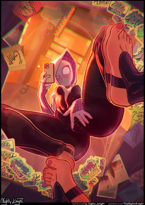 Spider-Gwen's costume mirror selfie (nighty knight)