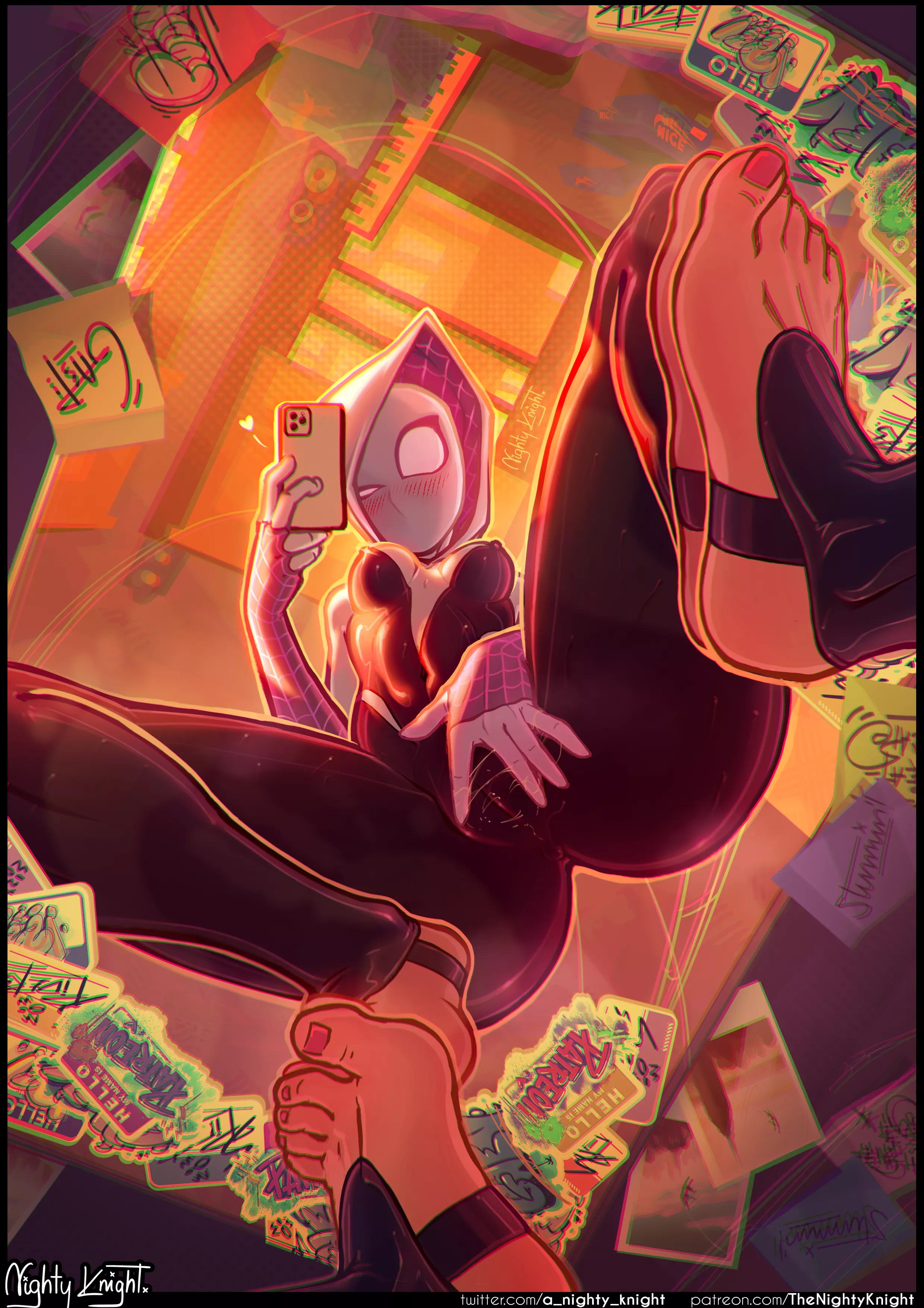 Spider-Gwen's costume mirror selfie (nighty knight)