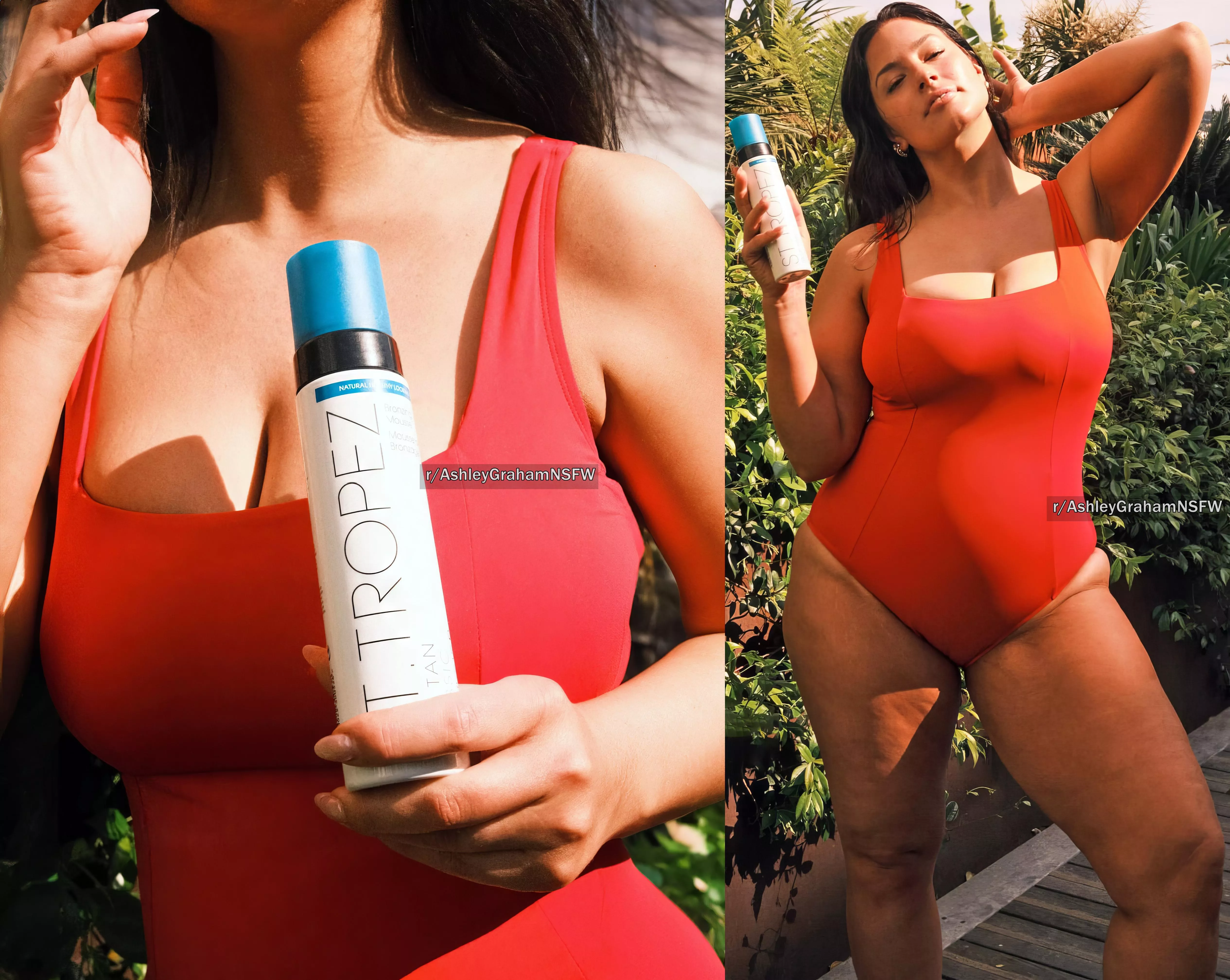 Those curves of Ashley Graham in a red swimsuit 