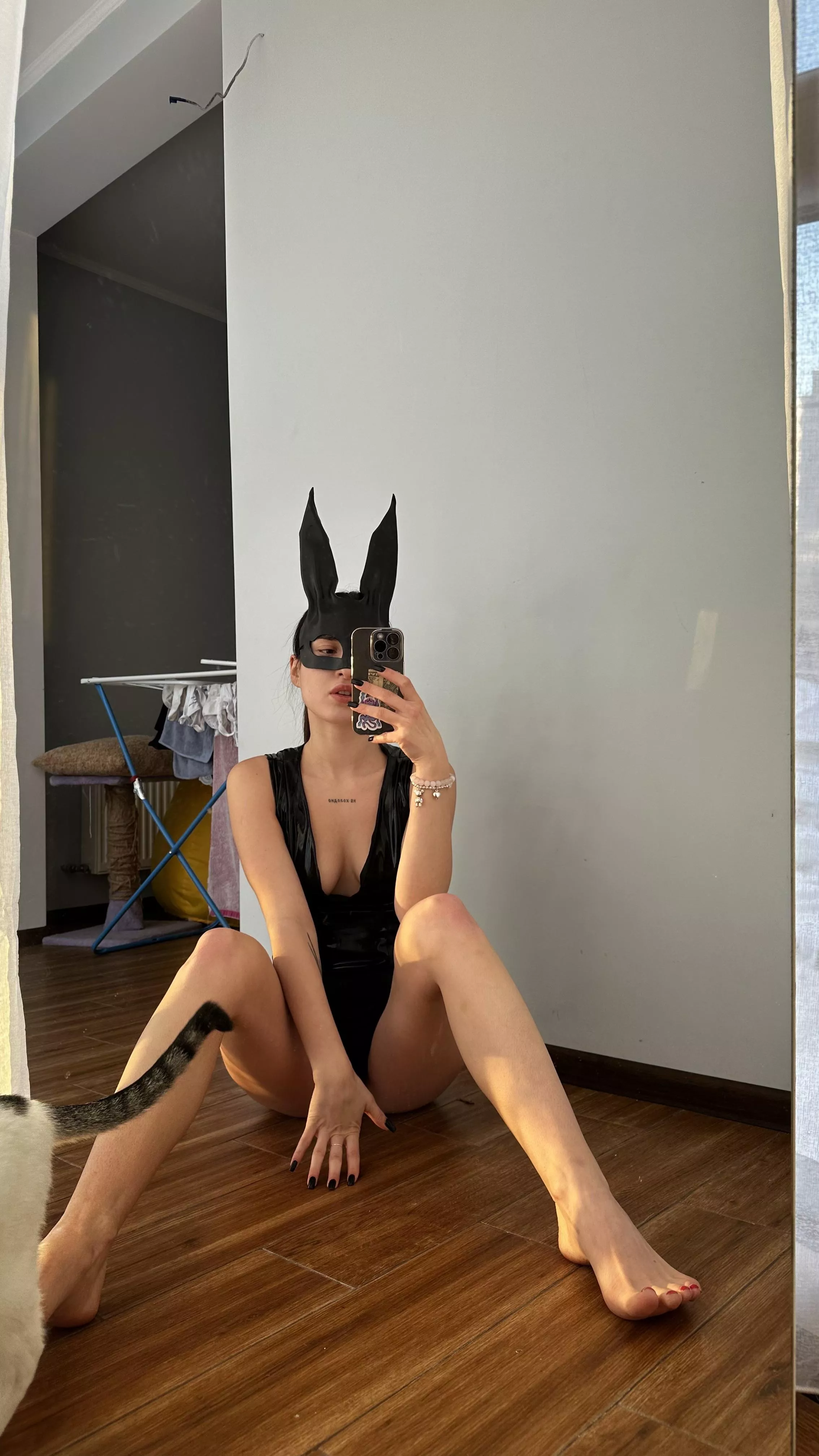 When she's walking away while playing with her tail feels so nice!