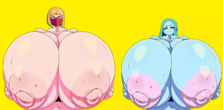 Becca and Kiwi showing off their new cyberware for some extra eddies on the side~ (This was mainly a height experiment for tall/short stack characters. Edited from a base by me ;3)