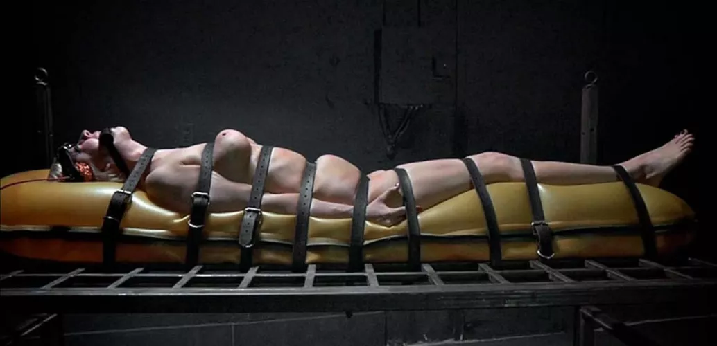 (F4A)The chill of the basement floor sent a shiver across my exposed skin as I carefully arranged myself on the strange, prison-like metal frame, my mind buzzing with both excitement and apprehension. My blonde hair cascaded over my shoulders, slightly b