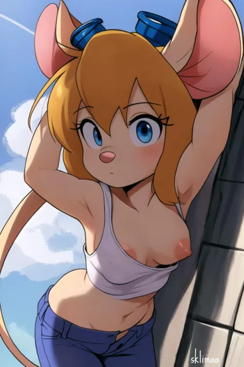 Gadget came in after working on the rescue plane. she was too busy to notice a wardrobe malfunction. not that anyone minded. (unknown)