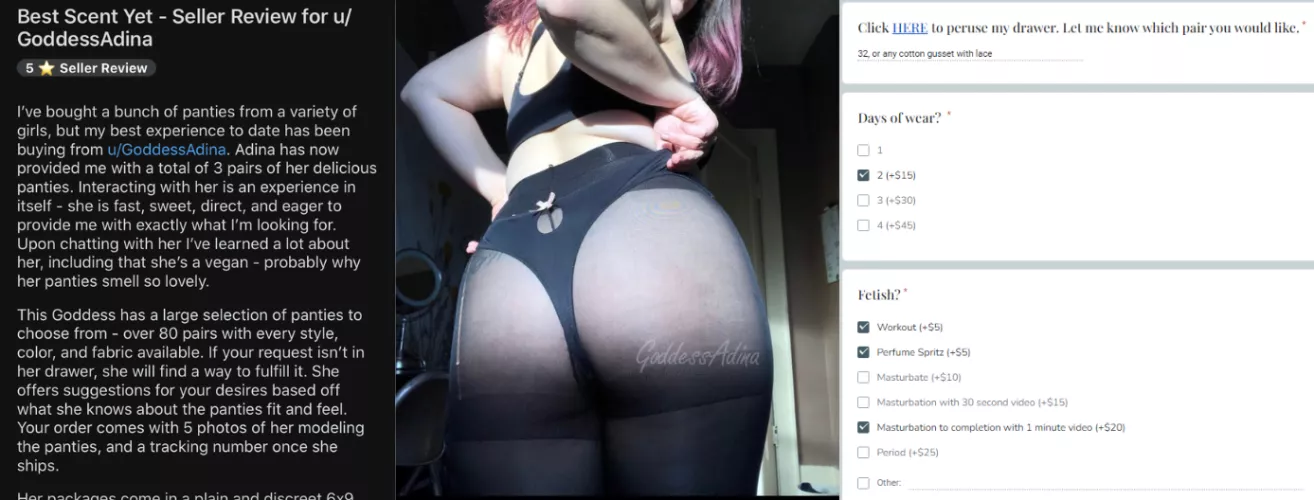 Glowing reviews, delicious booty, and a quick and efficient method of ordering products? What are you waiting for? All the information you need is pinned to my profile under ‘Info for Panty Buyers’. I look forward to wearing for you 😊 [selling]