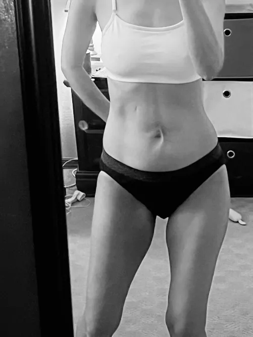 Granny panties and sports bra; not sexy but artsy in black and white 