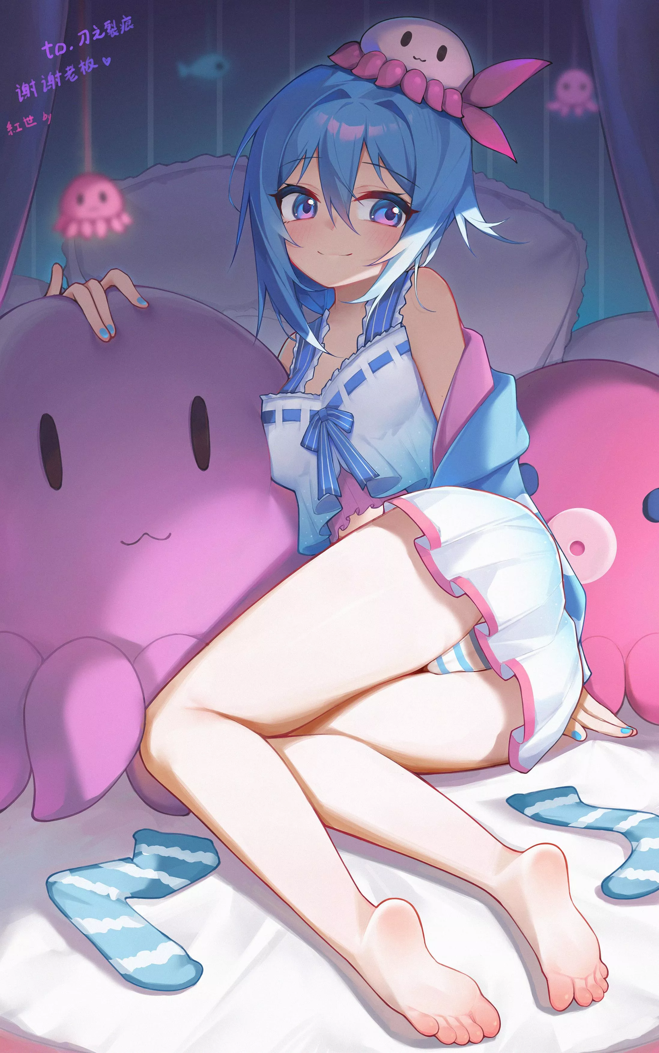 Haiyi laying with plushies (hongshi) [Vocaloid]