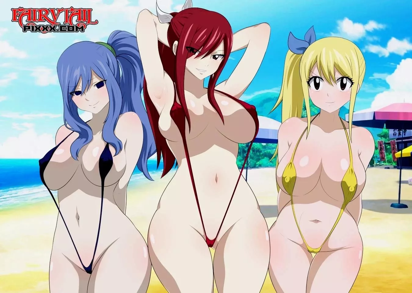 Horny Sluts (Juvia, Erza & Lucy) Wear Slingshots [Artist: Renchi] 