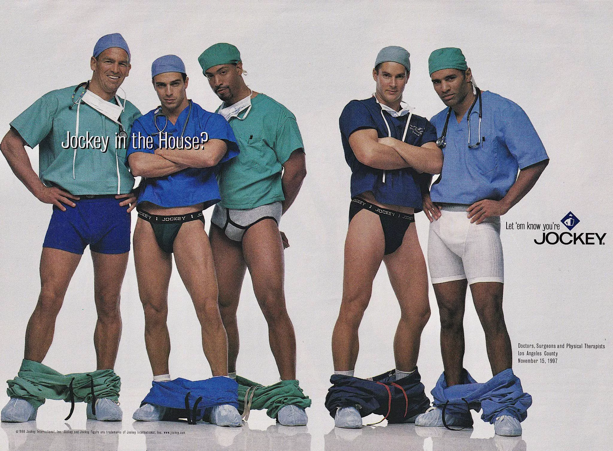 I saw this 1998 Jockey ad for the first time in years earlier today. It made me feel sad. Two of the five doctors are wearing skimpy briefs, and 26 years later, we seem to have gone backwards. Very few men wear briefs like that nowadays. 