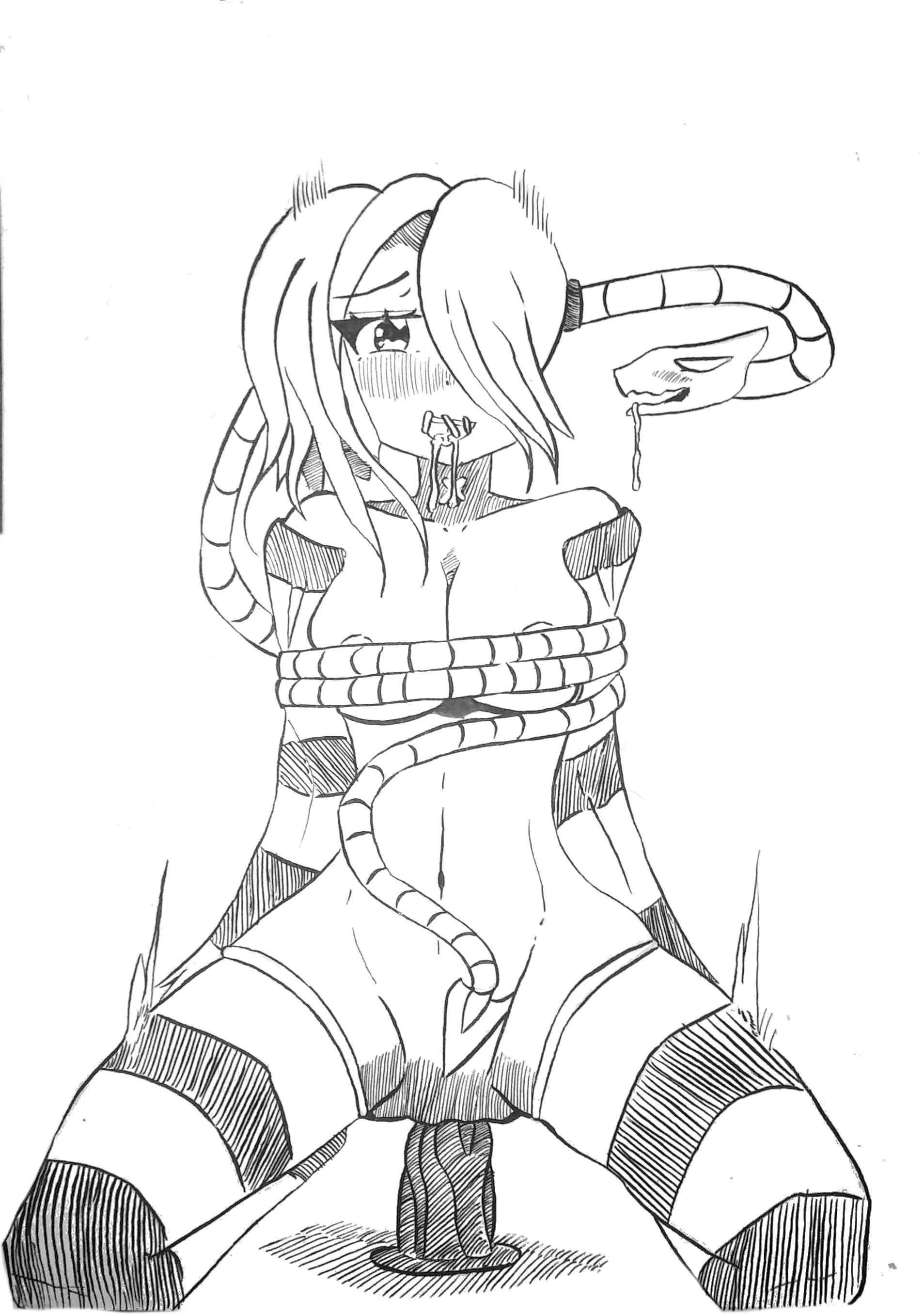 Ink version of squigly enjoying her new toy. Art by my.