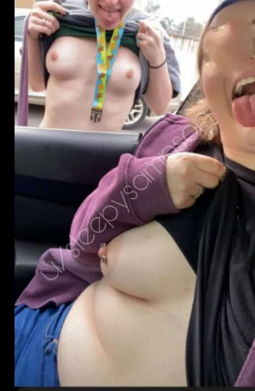 Just two friends having fun in the parking lot 