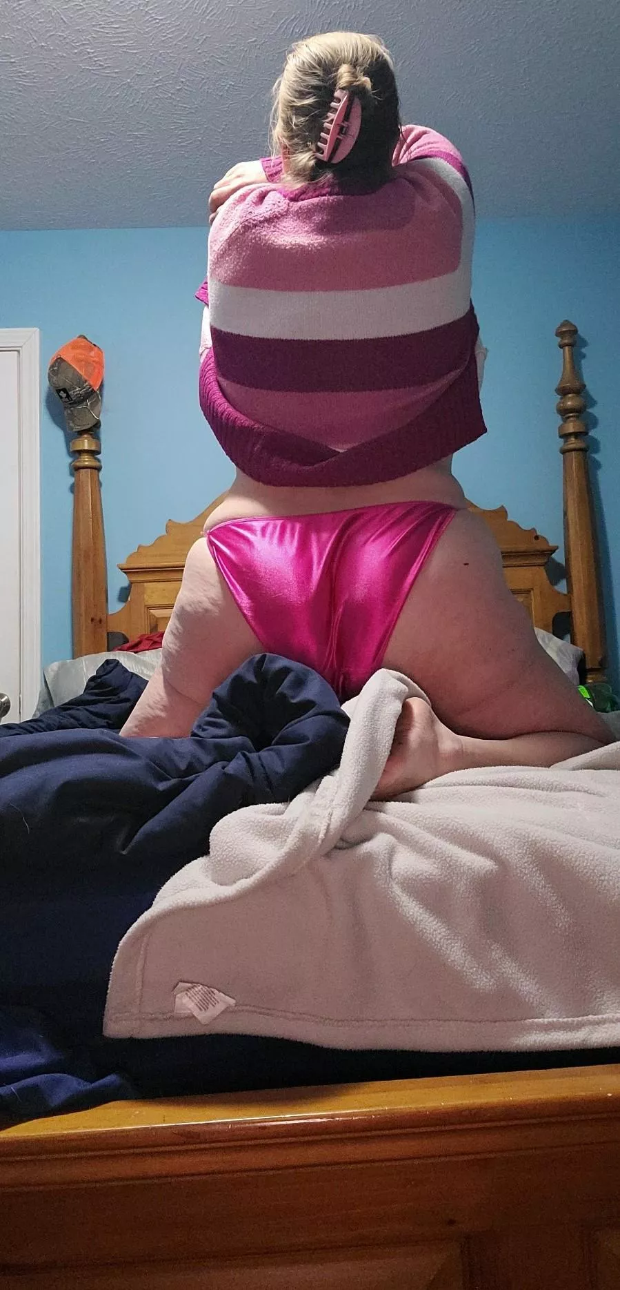 Mature Thickness On Bed Vintage Hot Pink Fullback Satin String Bikini/Panties